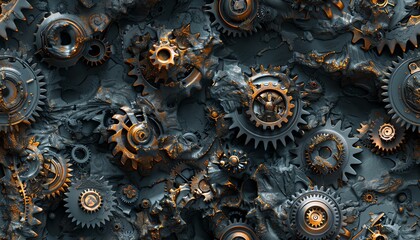 Illustrate a photorealistic landscape of gears and cogs spinning in harmony