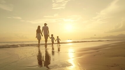 happy family walking on the beach at sunset : Generative AI