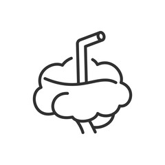 Brain Charge, linear icon. Suck Ideas. Brain with a drinking tube. Line with editable stroke