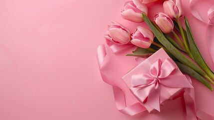 Obraz premium Mothers Day concept Top view photo of stylish pink giftbox with ribbon bow and bouquet of tulips on isolated pastel pink background with copyspace : Generative AI