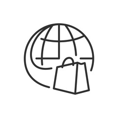 Online commerce, linear icon. Shopping to the world. Shopping bag and globe. Line with editable stroke