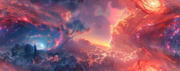 Illustrate ethereal beings navigating advanced machinery under a technicolor sky, showcasing their interaction with glowing interfaces in a mesmerizing 3D composition