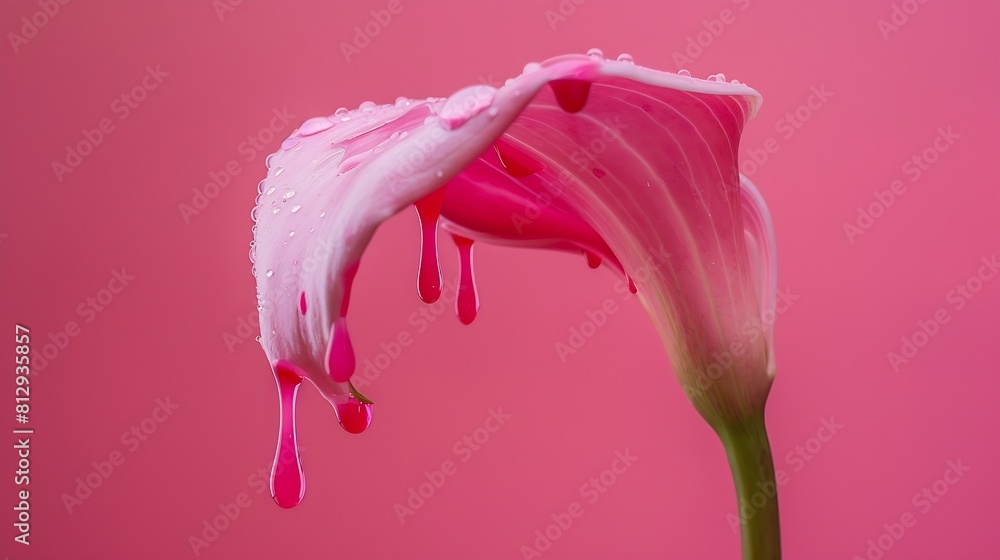 Poster calla flower with dripping pink paint minimal summer exotic concept with copy space : generative ai