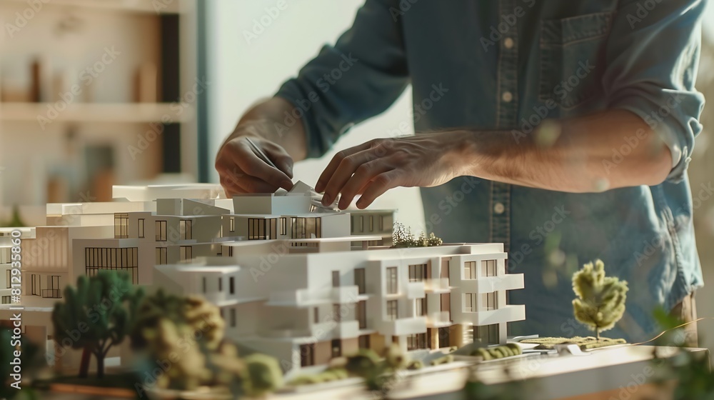 Poster Man architect working in office on creation of new residential complex designing layout of buildings : Generative AI