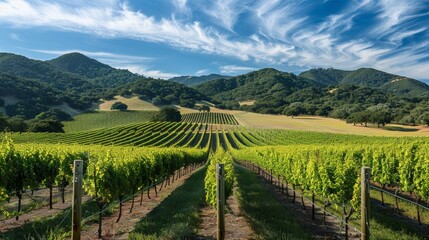 Fototapeta premium A picturesque vineyard with orderly rows of grapevines stretching across rolling hills