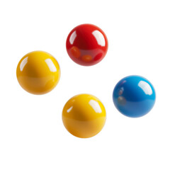 Four shiny colorful balls. Red, yellow, and blue, transparent background. isolated PNG