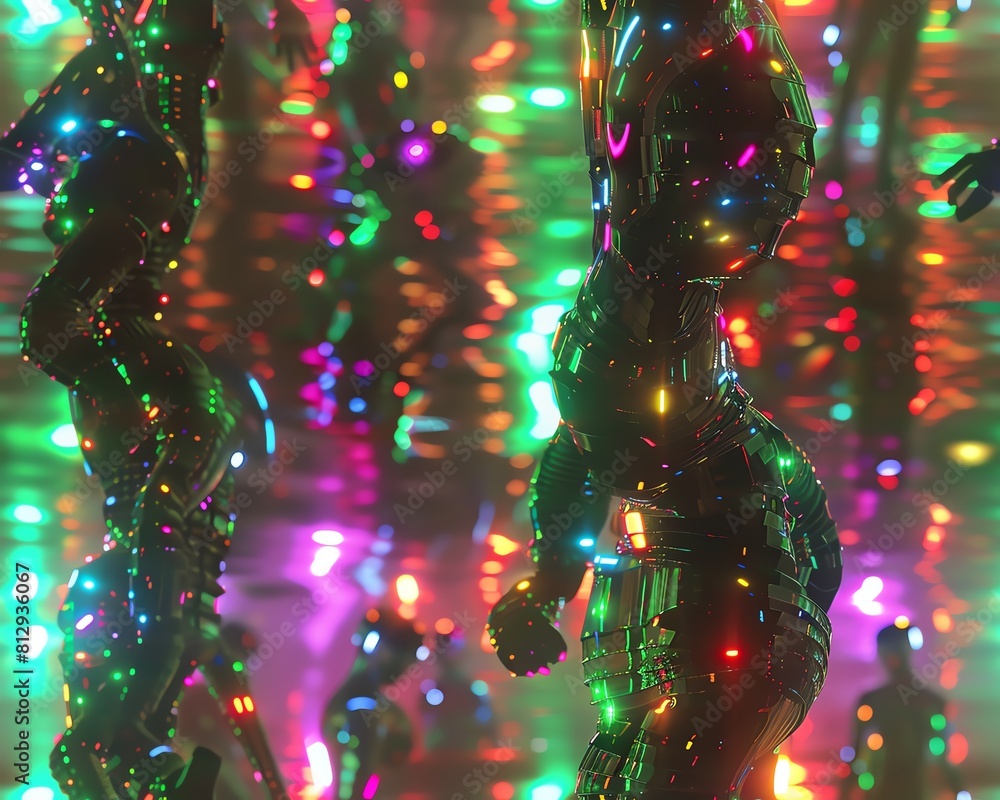 Poster immerse in a digital dance extravaganza! visualize cyborgs boogieing underwater amidst a dazzling li