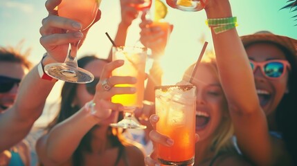 Happy friends cheering and drinking cocktails at beach party outdoor  Young millennials people having fun at weekend summer night  Youth lifestyle and nightlife concept  Main focus on  : Generative AI
