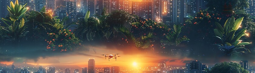 Immerse viewers in a dazzling scene from the future with intricate cityscapes intertwined with lush greenery