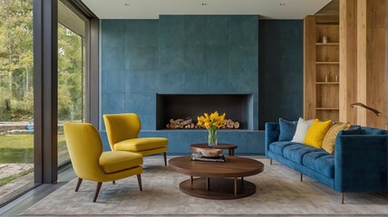 Modern Room with Yellow and blue sofa with fire place