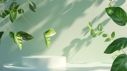 Abstract empty white podium with green leaves on green background Mock up stand for product presentation 3D Render Minimal concept Advertising template : Generative AI