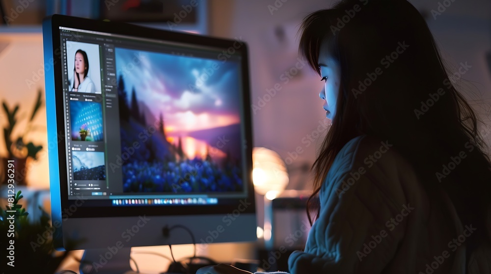 Poster woman viewing photography portfolio website on computer screen : generative ai