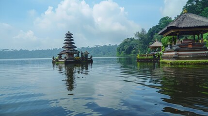 The Balinese Pura Ulun Danu Beratan Temple a water temple that seems to float on the lake dedicated...