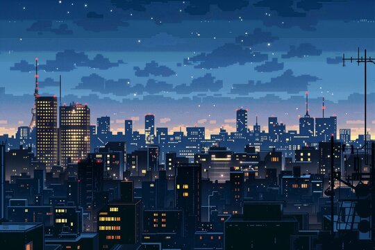 Pixel art illustration of a city skyline at dusk with lit buildings, stars in the night sky, and scattered clouds. Urban evening scene capturing a serene atmosphere in retro pixel style