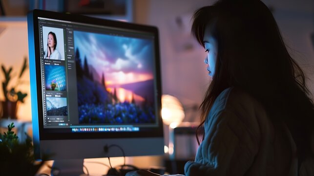 Woman viewing photography portfolio website on computer screen : Generative AI