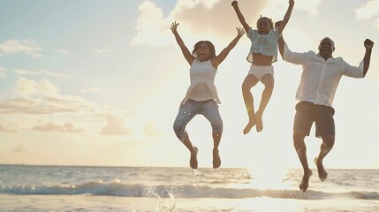 Woohoo Vacation time rocks An excited african american family jumping into the air on the beach with a beautiful ocean in the background : Generative AI