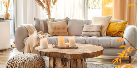 Modern bohemian living room featuring a light gray sofa, wooden table, and candles. Concept Bohemian Decor, Modern Living Room, Gray Sofa, Wooden Table, Candles