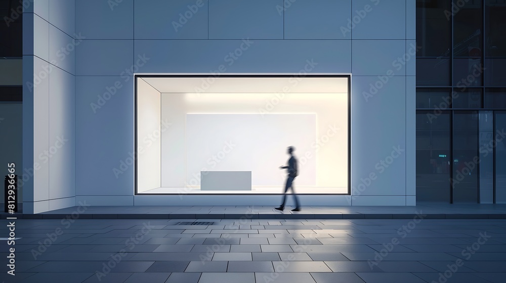 Poster man walking by evening empty shop window with podium inside for your product presentation on glowing