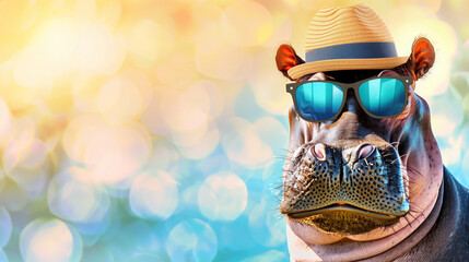 Hippo in sunglasses and hat, safari concept, copy space