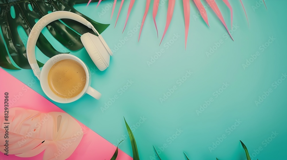 Poster blogger pastel background with coffee cup headphones and botanical elements flat lay : generative ai