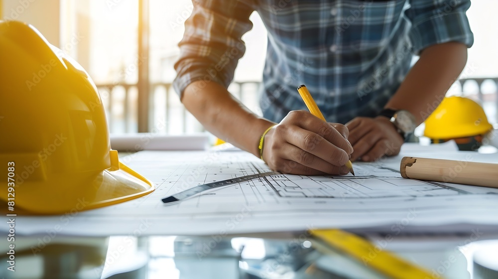 Leinwandbilder Architect or engineer working on building blueprint contractor designing and drawing blueprint layout with tool for construction project Civil engineer and architecture design concept  : Generative AI