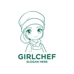 Chef girl, cafe and restaurant logo vector illustration