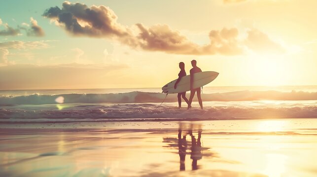 Silhouette Of surfer people carrying their surfboard on sunset beach vintage filter effect with soft style : Generative AI