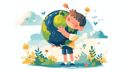 Kid little boy holding cute Globe Earth planet char