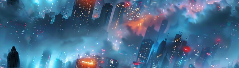 Capture a birds-eye view of mystical creatures roaming in a futuristic cityscape, with buildings towering like metallic giants, glistening under neon lights