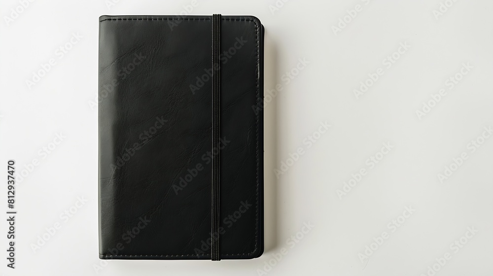 Aufkleber Black leather notebook mockup with elastic isolated on white background Top view Clipping path : Generative AI