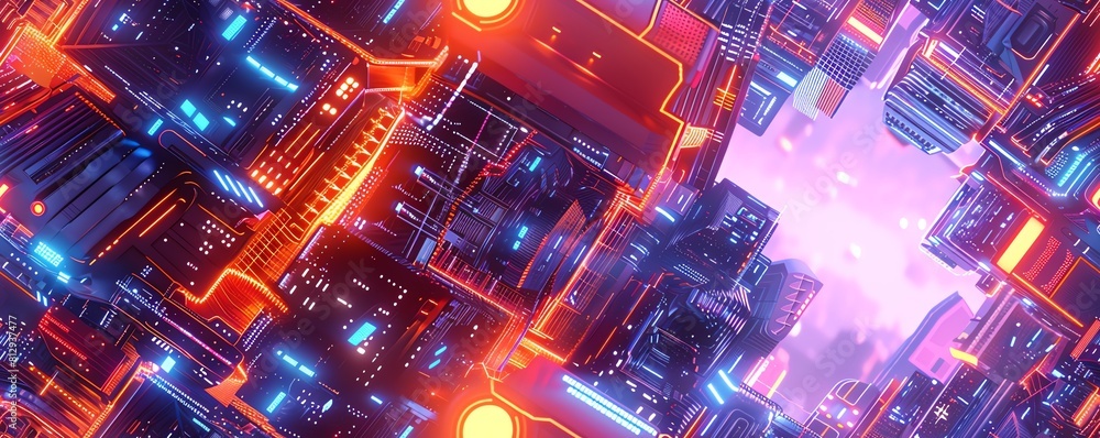 Poster capture a high-angle view of intricate futuristic technologies blending seamlessly with vibrant stre