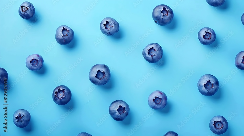 Poster fresh berries blueberry on blue background colorful fruit pattern of blueberries as background creat
