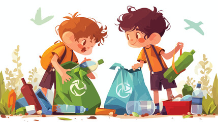 Kids boys collect plastic bottles into garbage bag