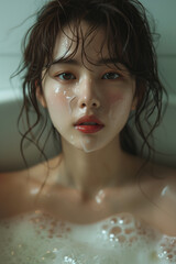 Asian woman taking a bath in the tub.