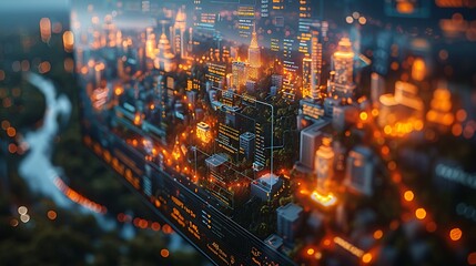 Obraz premium Detailed view of a city planning monitor displaying intricate simulations of public transport systems, hyperrealistically portrayed with sharp digital accuracy and vibrant colors, no people .