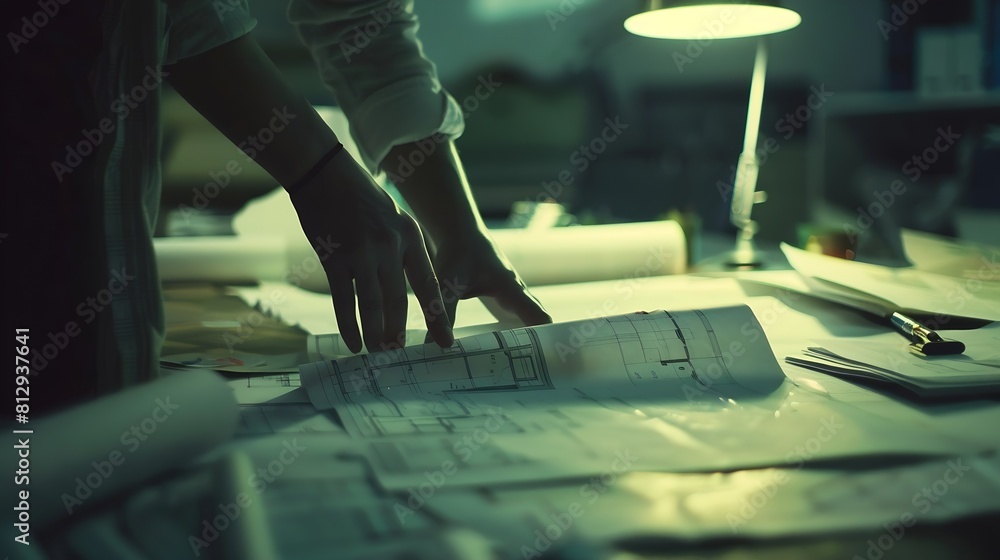 Poster architect concept architects working with blueprints in the office vintage effect : generative ai