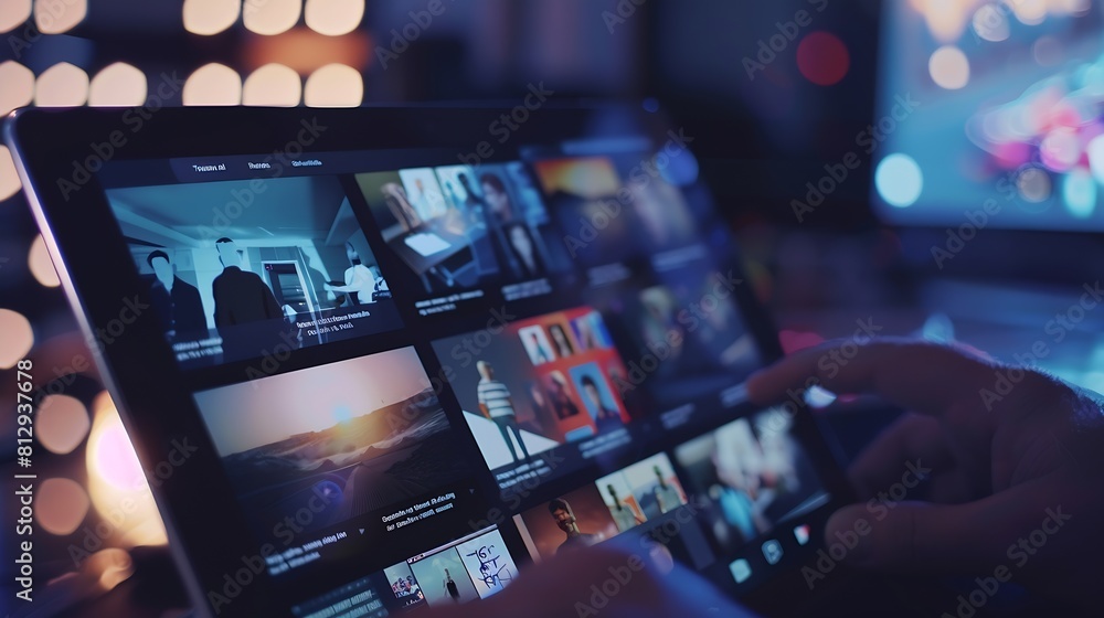 Poster Tablet on dark background with online video app on screen : Generative AI
