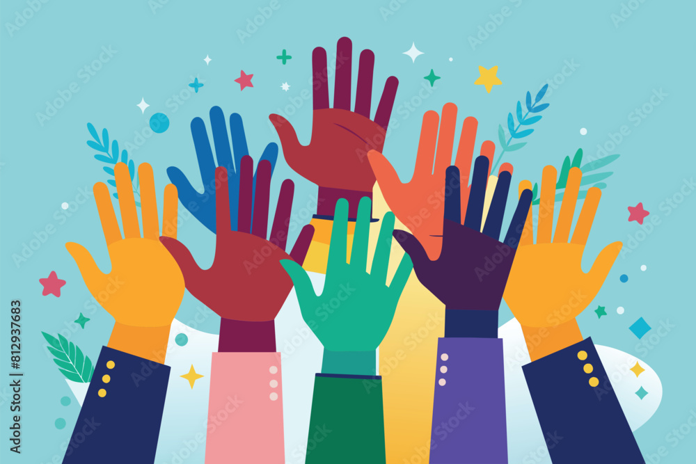 Poster multiple hands reaching up in the air, symbolizing unity and collaboration, high five hands customiz