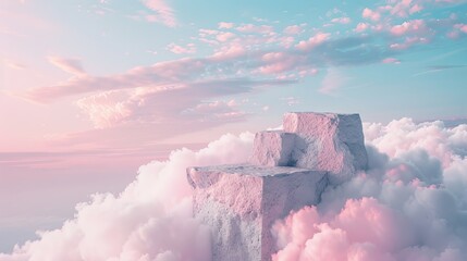 Surreal stone podium outdoors on clouds in soft blue sky pink pastel misty mountain nature landscape.Beauty cosmetic product placement pedestal present display,spring summer paradise dreamy concept