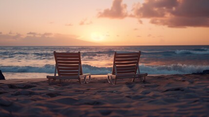 Hawaiian Vacation Sunset Concept Two Beach Chairs at Sunset : Generative AI