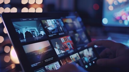 Tablet on dark background with online video app on screen : Generative AI