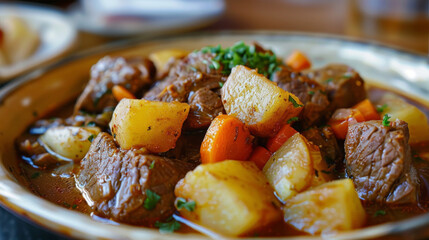 Savory beef stew with tender meat, potatoes, and carrots, garnished with fresh parsley in a close-up shot