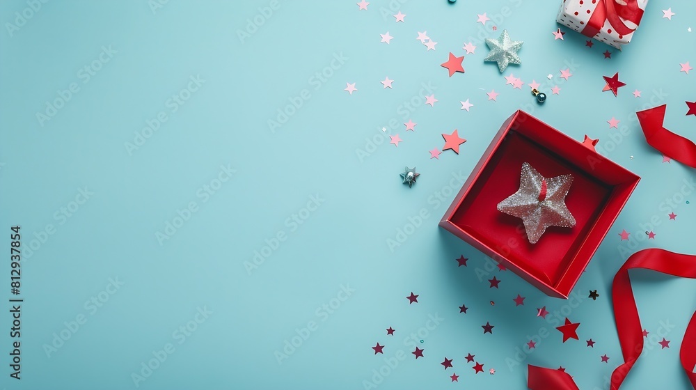 Poster top view photo of valentines day decorations open empty giftbox with red lid and star bow on isolate