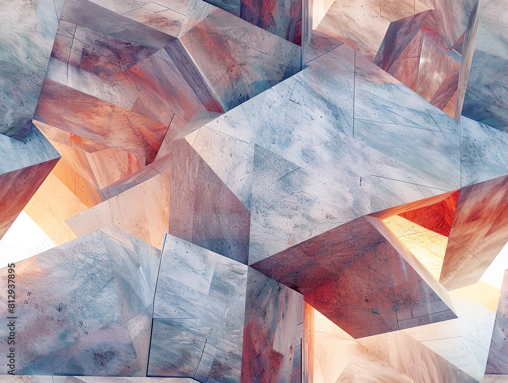 Aufkleber capture the essence of cubism through a low-angle view in a virtual reality setting, exploring fragm