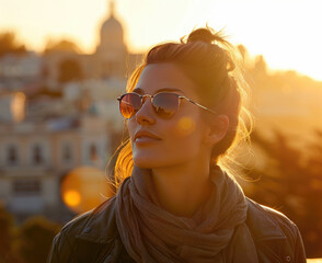 Woman wearing sunglasses with church and monastery of san francisco in background, golden hour sun...
