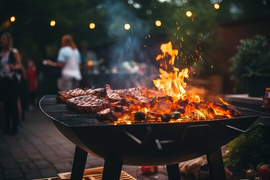 Backyard barbeque grill with fire, summer bbg party, blurred background