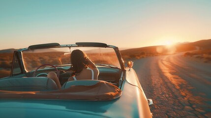 Toward adventure Girl relaxing and enjoying road trip Happy girl rides into the sunset in vintage car : Generative AI - Powered by Adobe