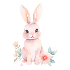 Obraz premium Rabbit Flowers Watercolor Sublimation. Bunny illustration for print t-shirts, Baby Shower, cards, poster, birthday invitation, mugs