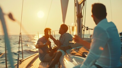 Cheers Cropped image of group of friends relaxing on luxury yacht and drinking champagne Having fun together while sailing in the sea Traveling and yachting concept : Generative AI - Powered by Adobe