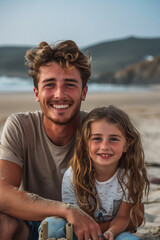 Fototapeta premium Caucasian father and daughter playing in the sand on the beach.